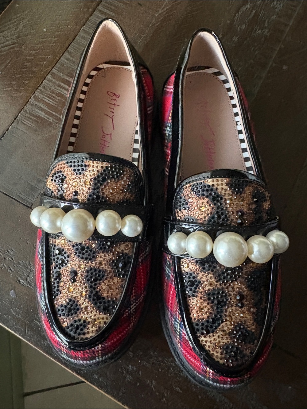 Betsey Johnson Leopard Sequin & Red Plaid Pearl-Trim Loafers